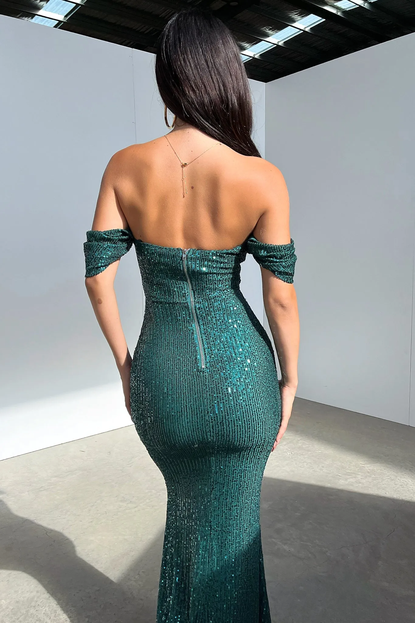 Nara Off Shoulder Sequin Maxi Dress - Emerald