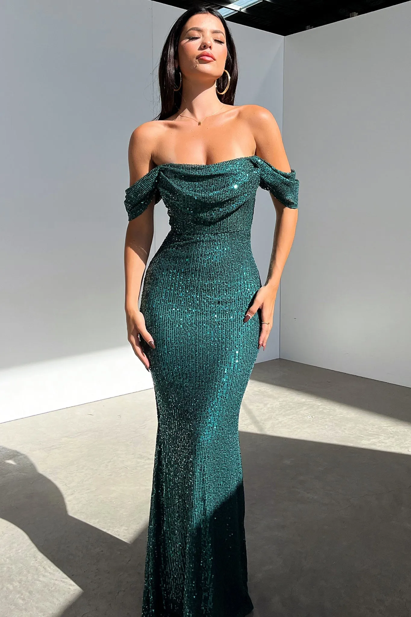 Nara Off Shoulder Sequin Maxi Dress - Emerald