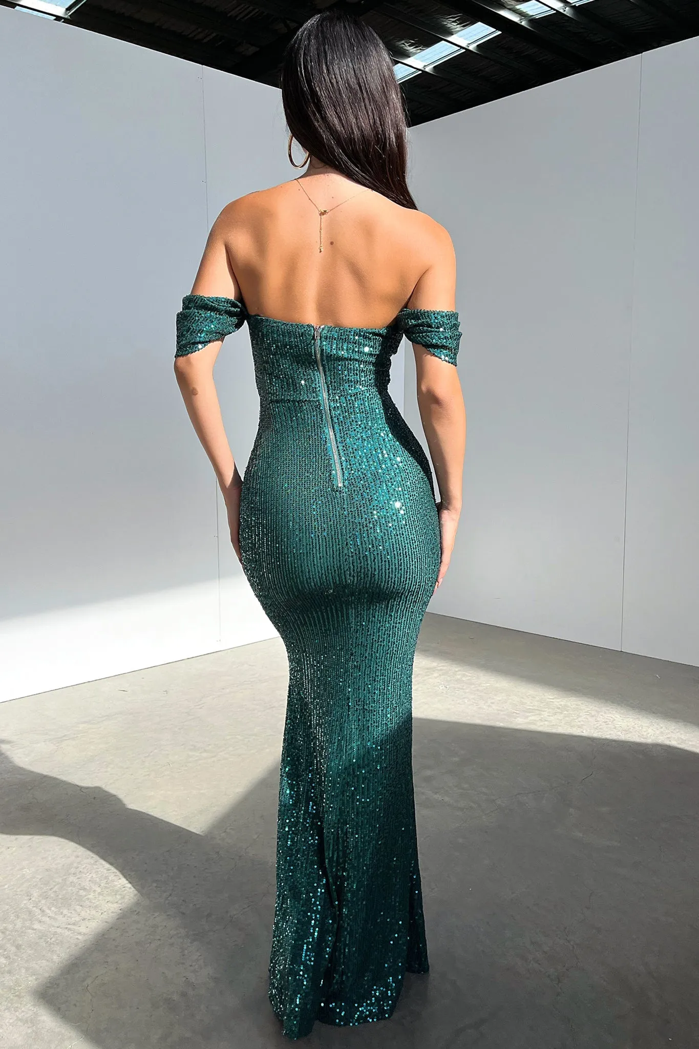 Nara Off Shoulder Sequin Maxi Dress - Emerald