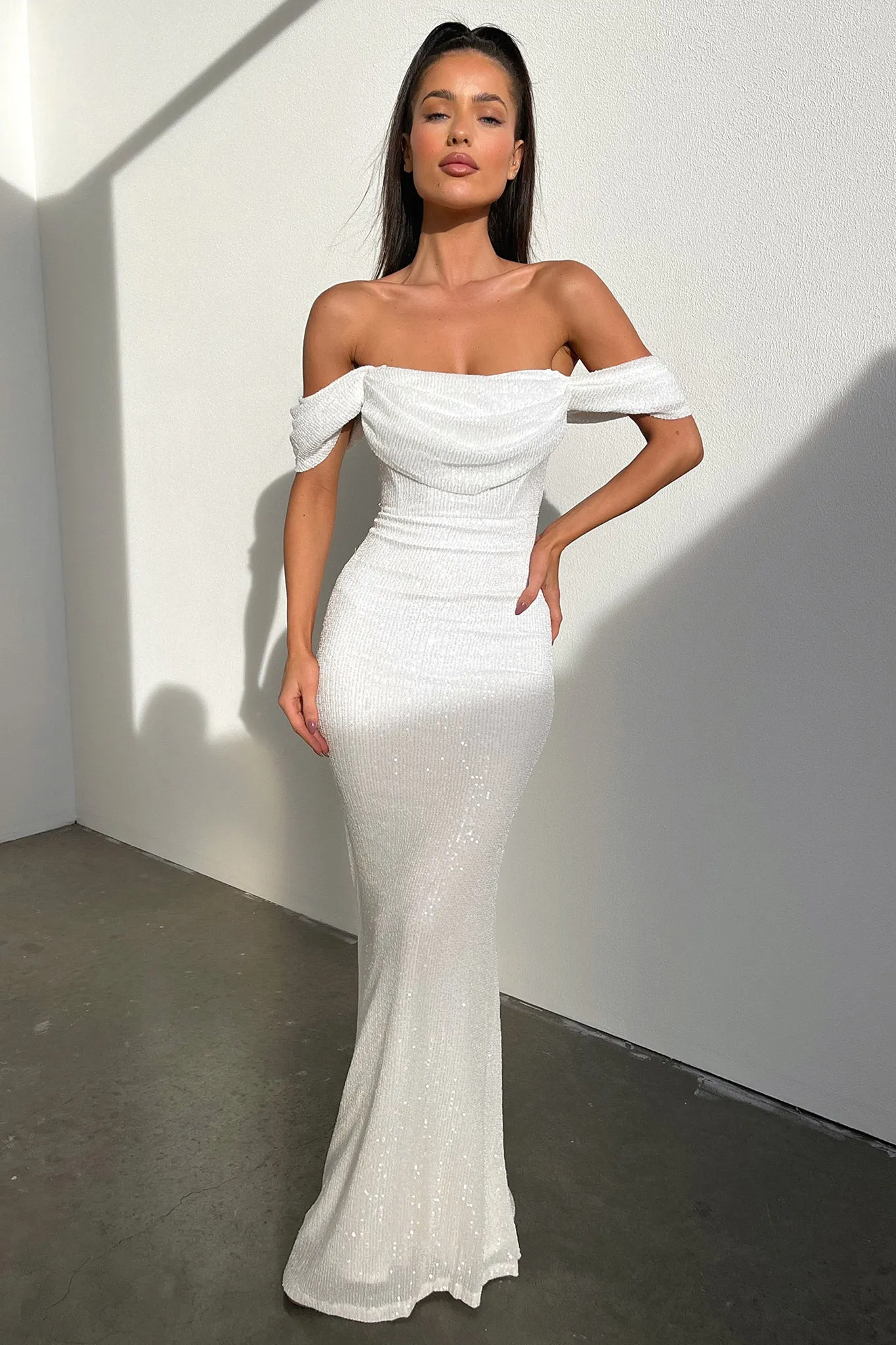Nara Off Shoulder Sequin Maxi Dress - White