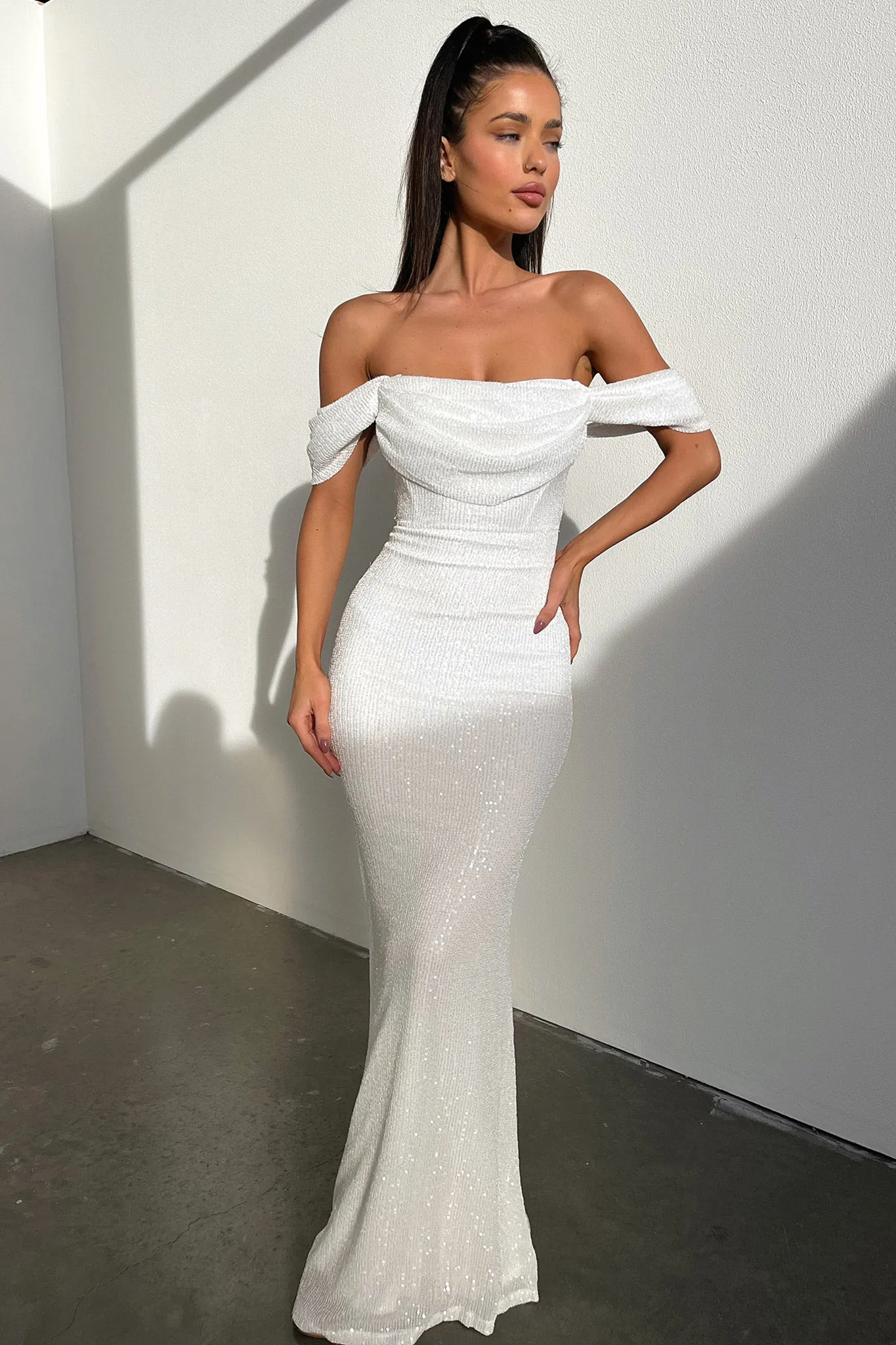 Nara Off Shoulder Sequin Maxi Dress - White