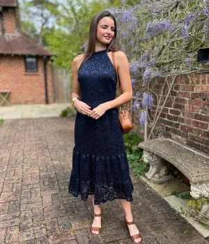 Navy Lace Halter Neck Dress