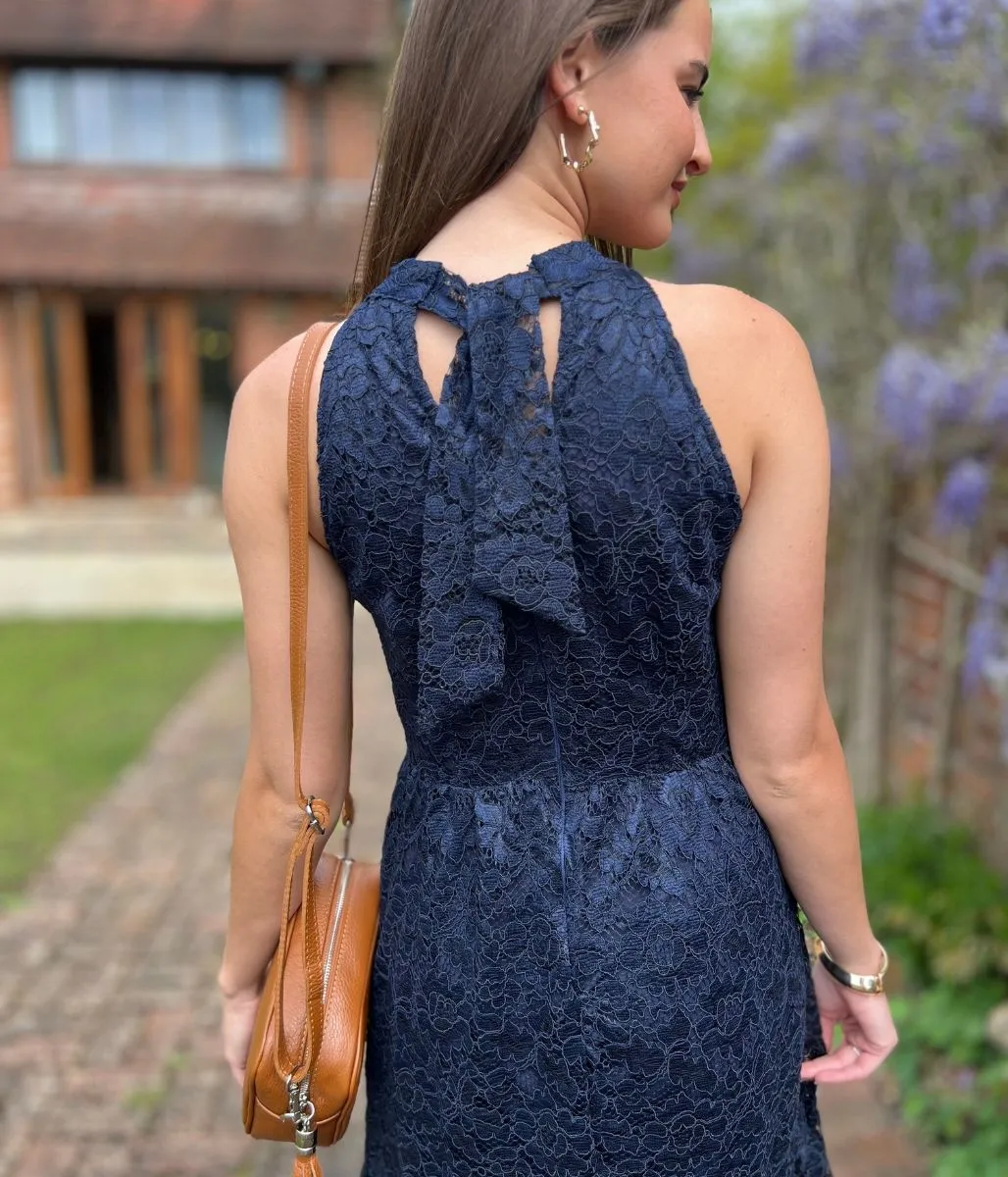 Navy Lace Halter Neck Dress