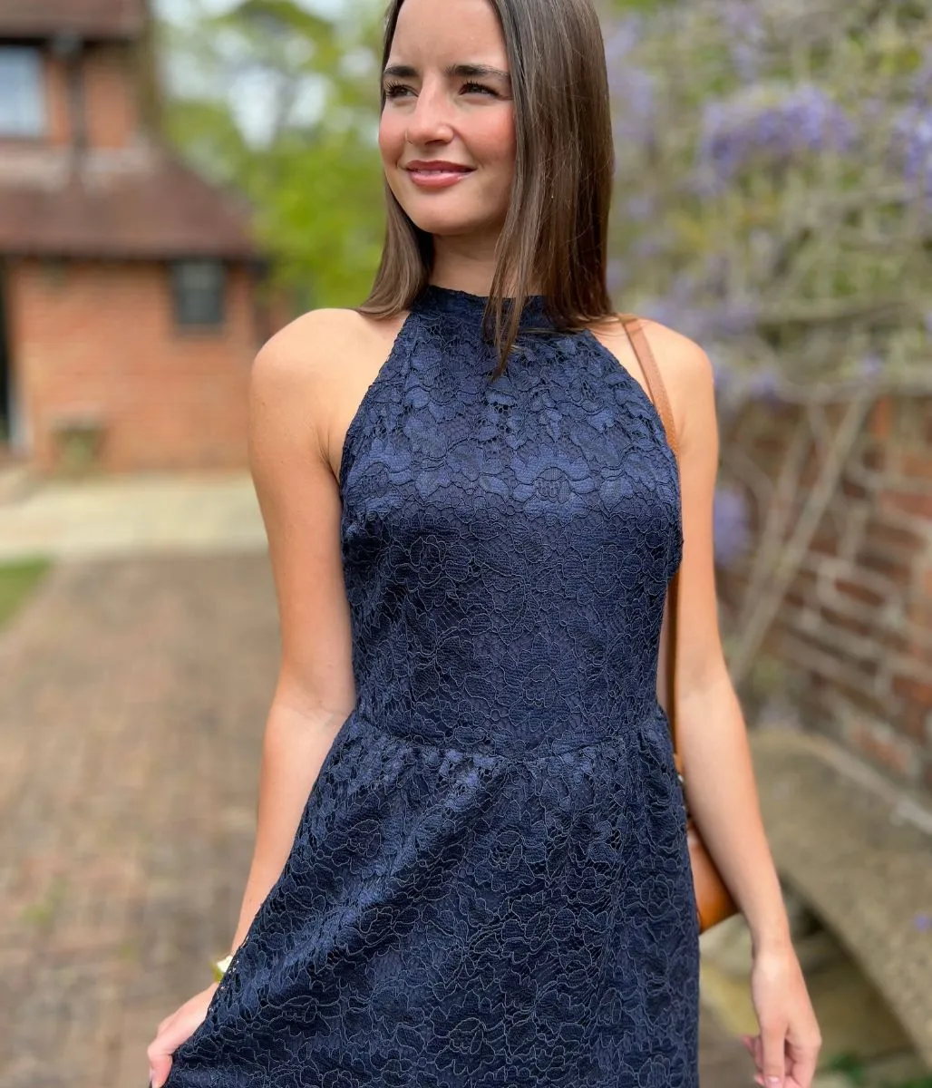 Navy Lace Halter Neck Dress