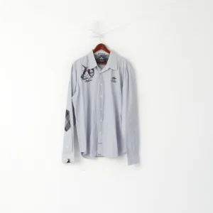New Zealand Auckland Men 4XL (2XL) Casual Shirt Blue Striped Cotton Patches Long Sleeve