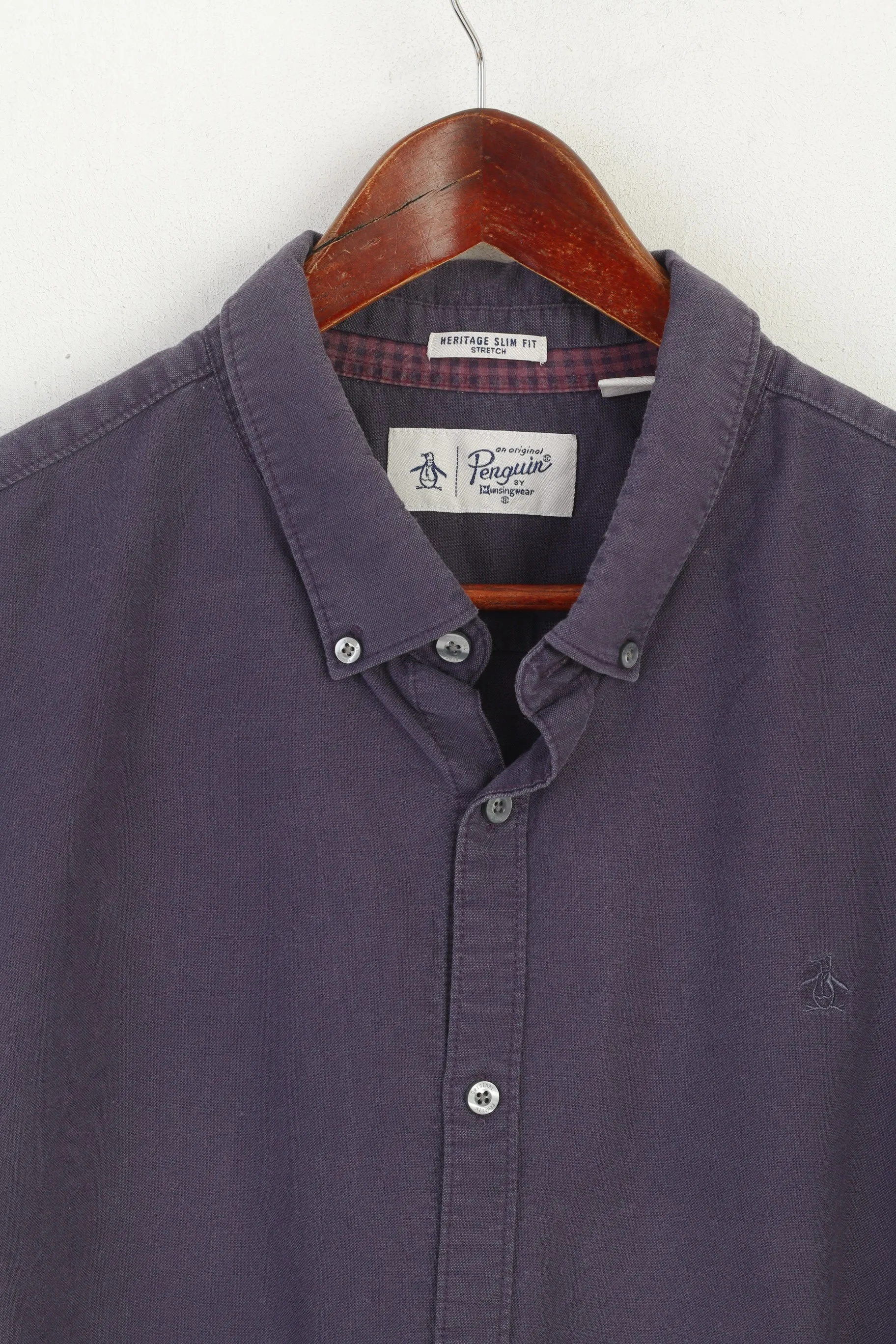 Penguin Men XXL Casual Shirt Purple Cotton Slim Fit Stretch Long Sleeve Top