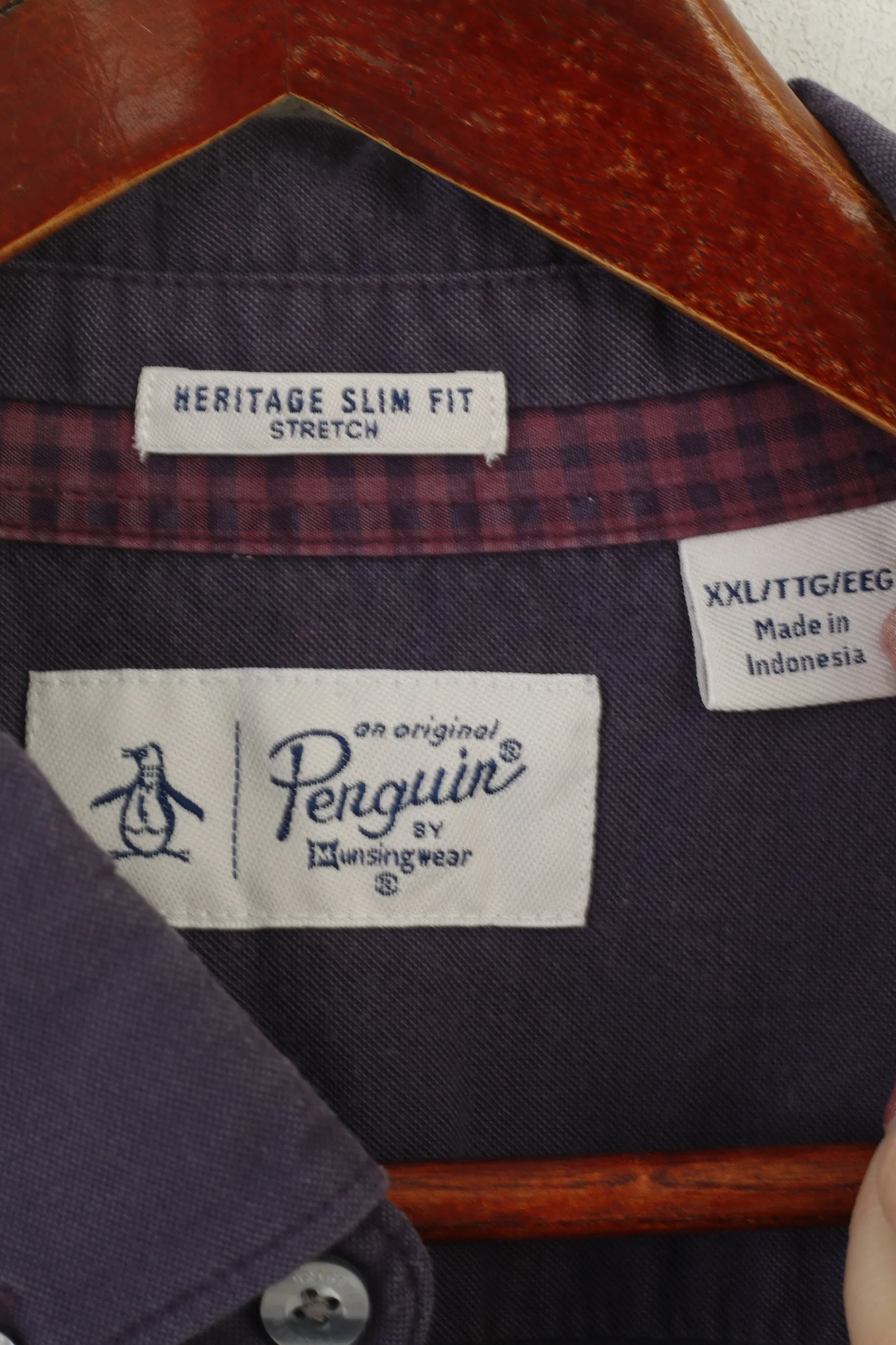 Penguin Men XXL Casual Shirt Purple Cotton Slim Fit Stretch Long Sleeve Top