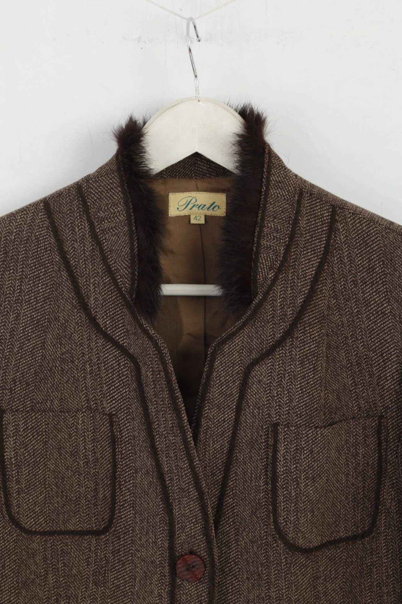 Prato Women 42 Blazer Brown Viscose Soft Classic Shoulkder Pads Jacket
