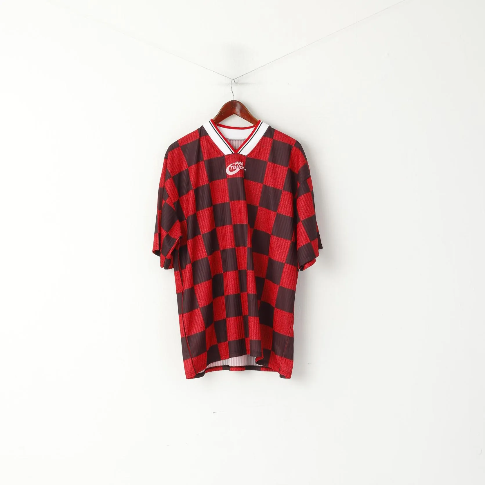 Pro Touch Men XL Shirt Red Black Check Football Vintage Traning Jersey Top