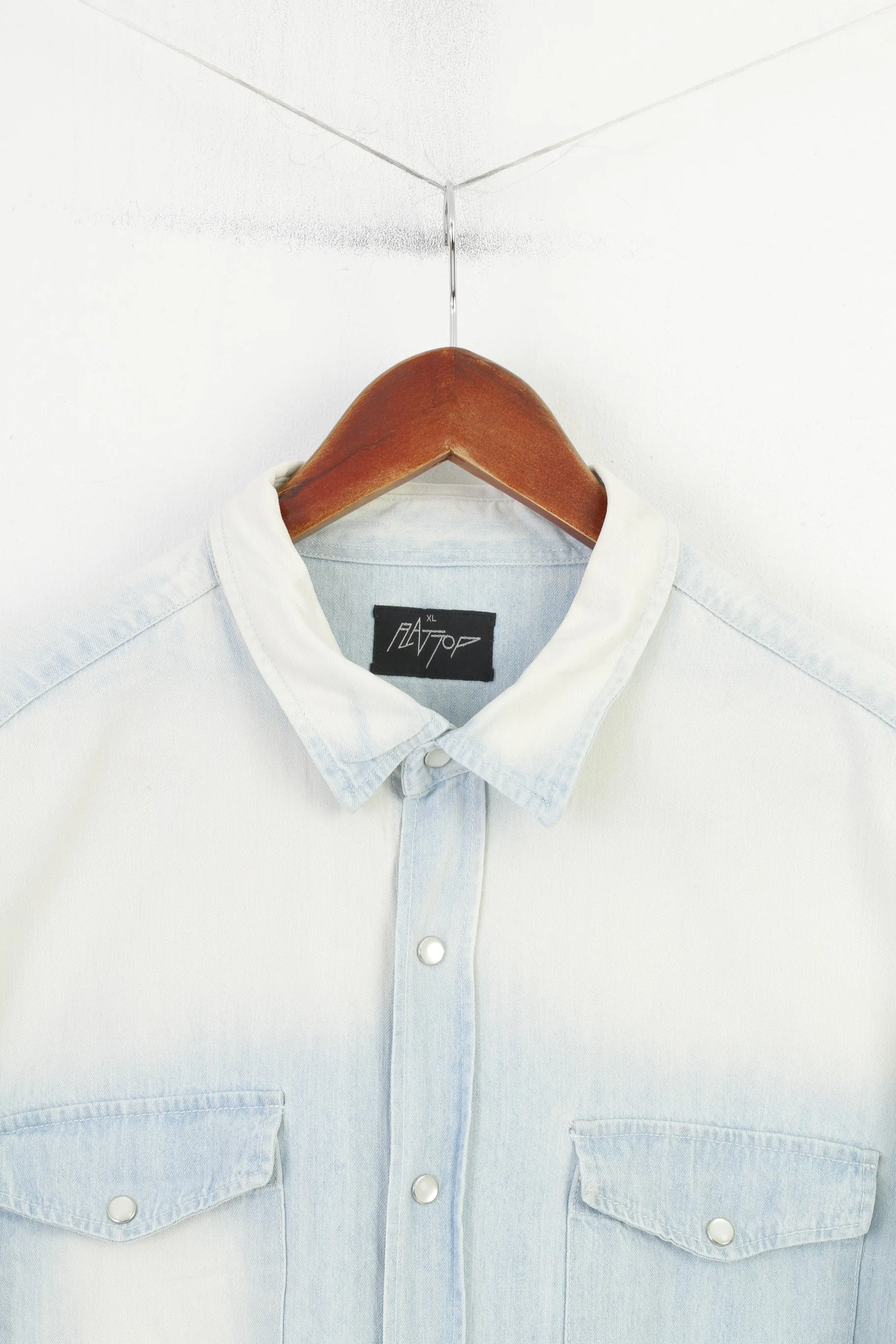 Rattop Men XL Casual Shirt Light Blue Jeans Bleached Snaps Long Sleeve Top