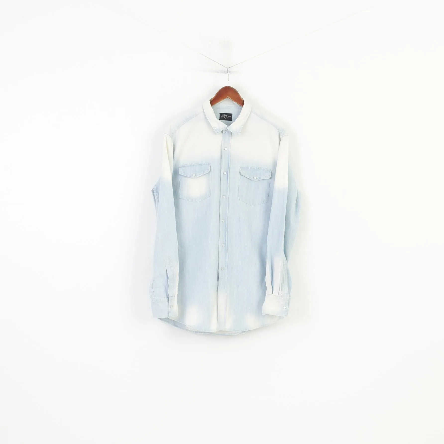 Rattop Men XL Casual Shirt Light Blue Jeans Bleached Snaps Long Sleeve Top