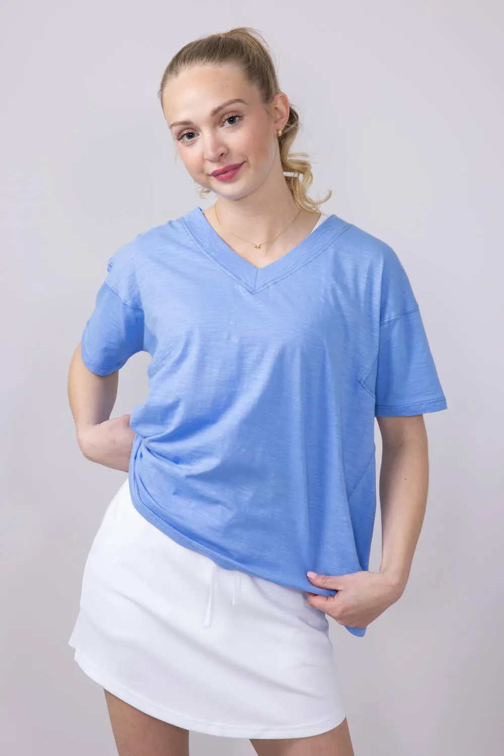 Simply Southern Basic V-Neck Slub T-Shirt for Women in Blue | PP-0125-TEE-VNCK-POOL