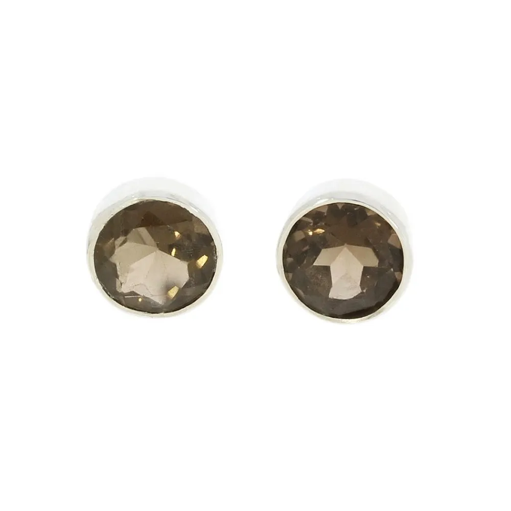 Smokey Quartz Sterling Silver Round Stud Earrings