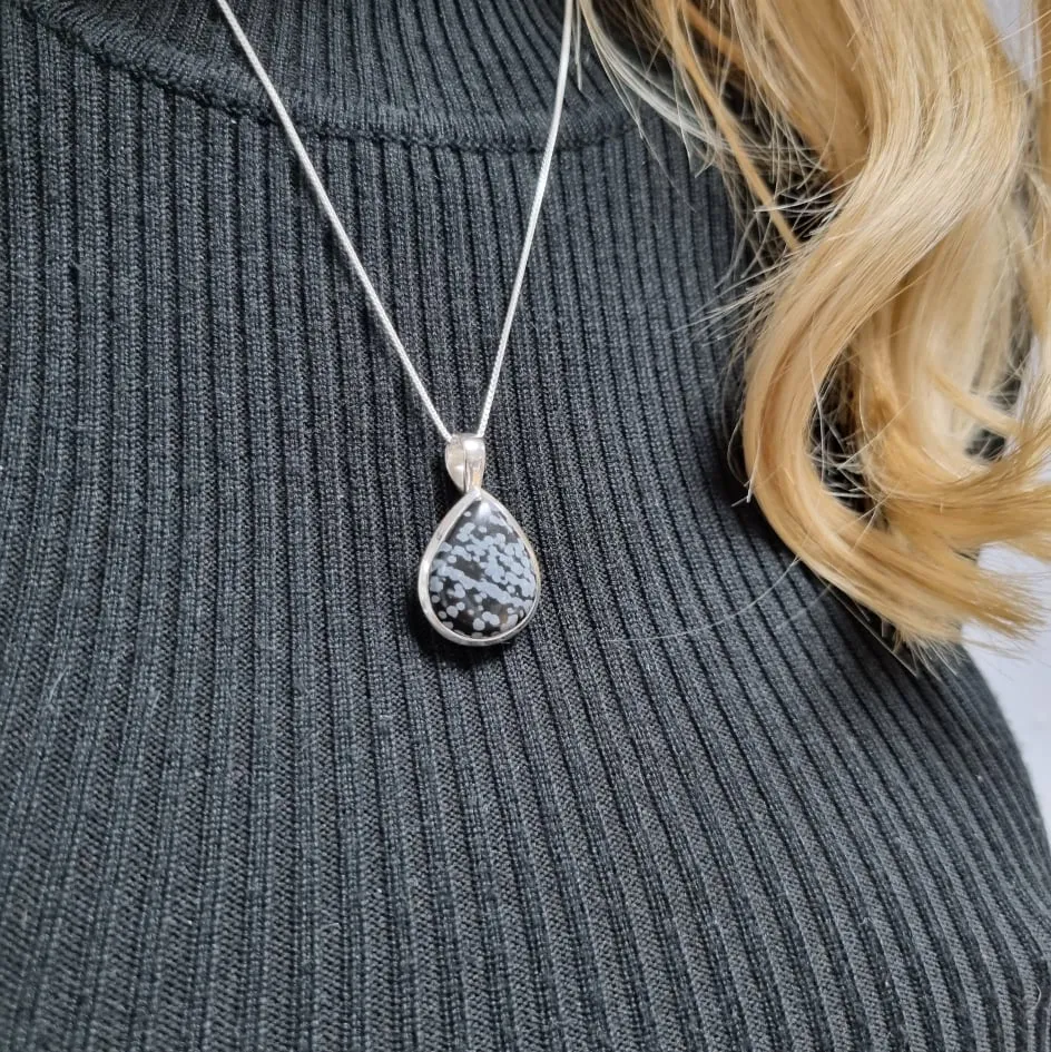 Snowflake Obsidian Sterling Silver Teardrop Pendant & Chain