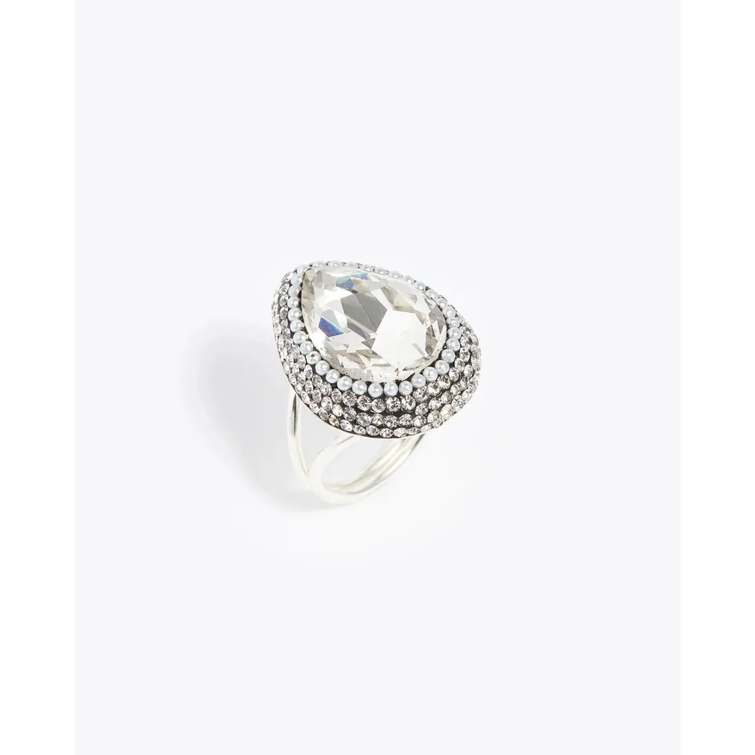 Soru Hand Made Rhodium Plated Solid Silver Mini Pearls and Crystals Silver Crystal Ring