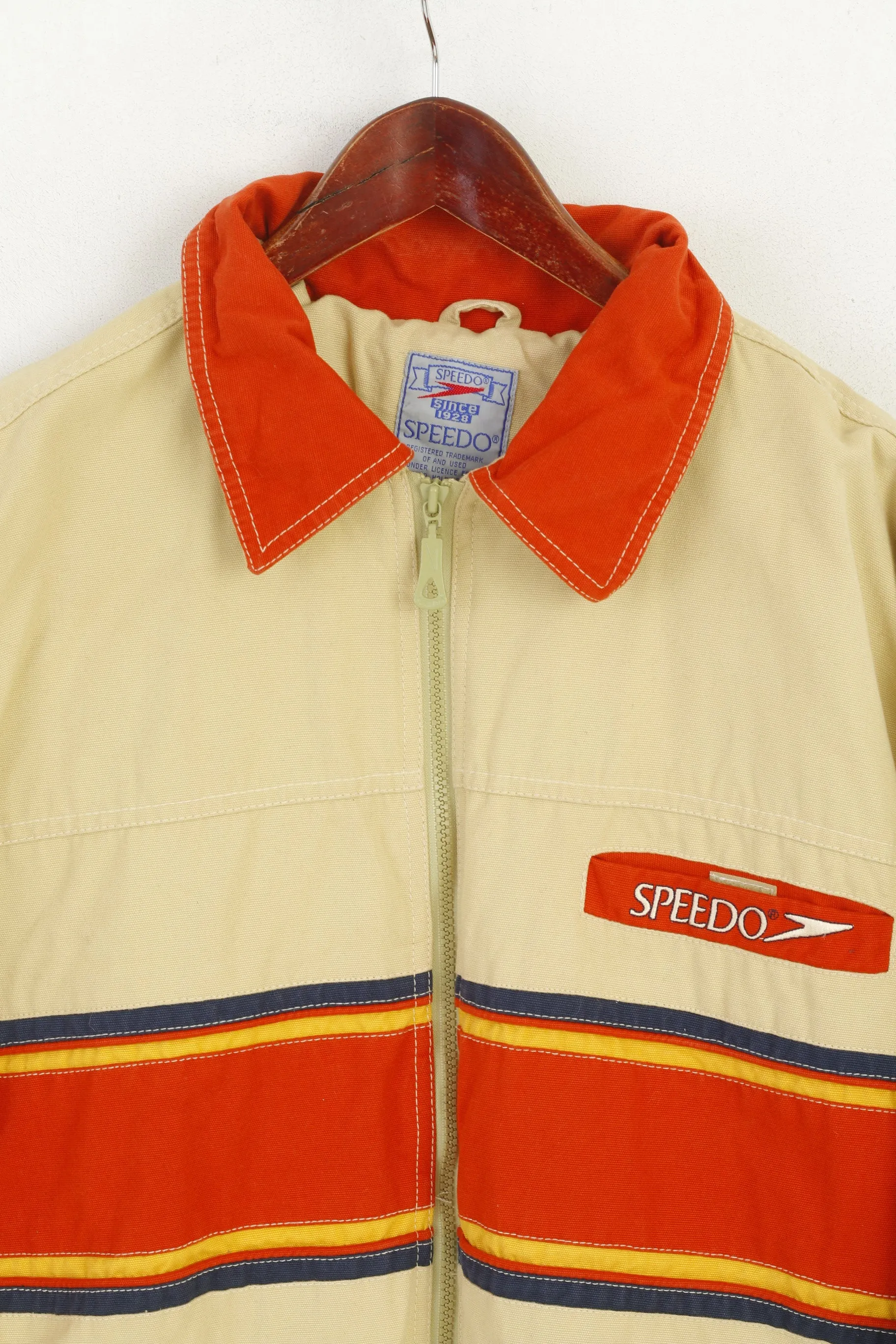 Speedo Men L Jacket Cream Cotton Denim Vintage Bomber Full Zipper Retro Top