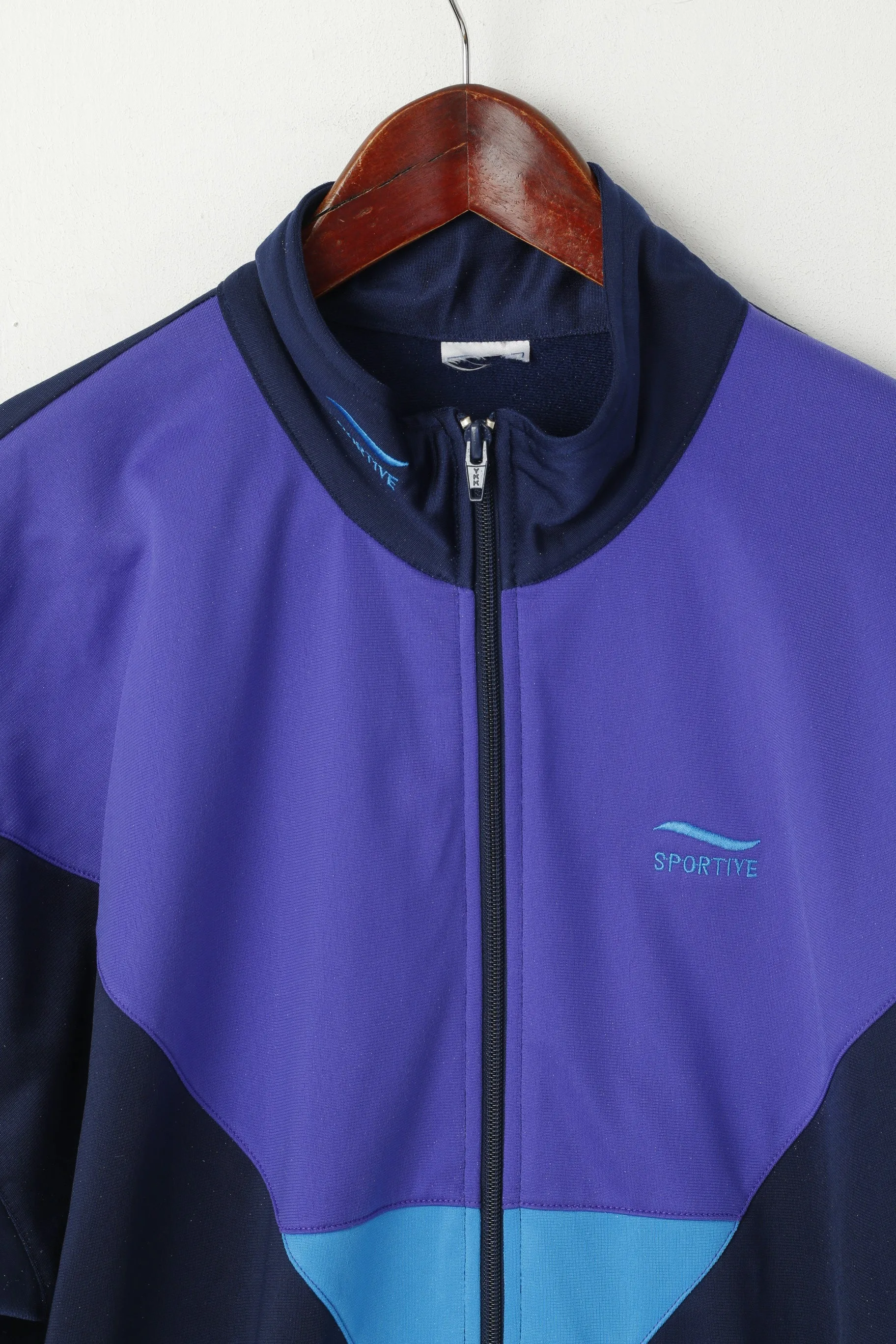 Sportive Men L Sweatshirt Navy Purple Vintage Sport Full Zipper Shiny Oldschool Top