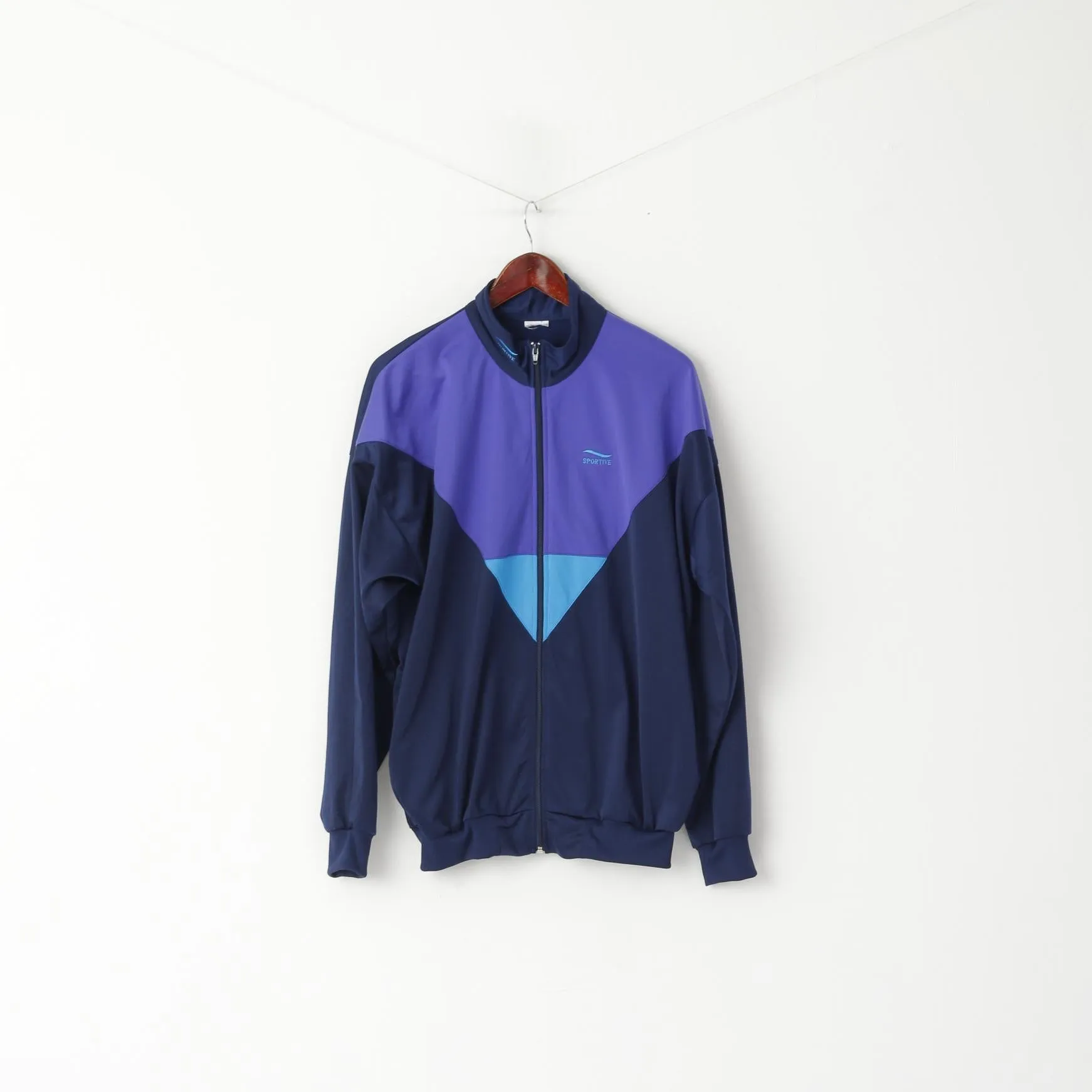 Sportive Men L Sweatshirt Navy Purple Vintage Sport Full Zipper Shiny Oldschool Top