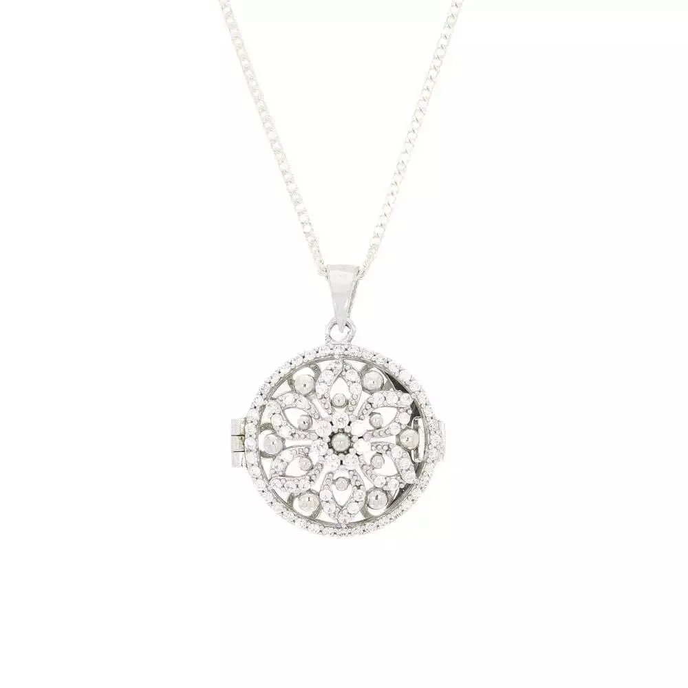 Sterling Silver Cubic Zirconia Round Flower Design Locket and Chain