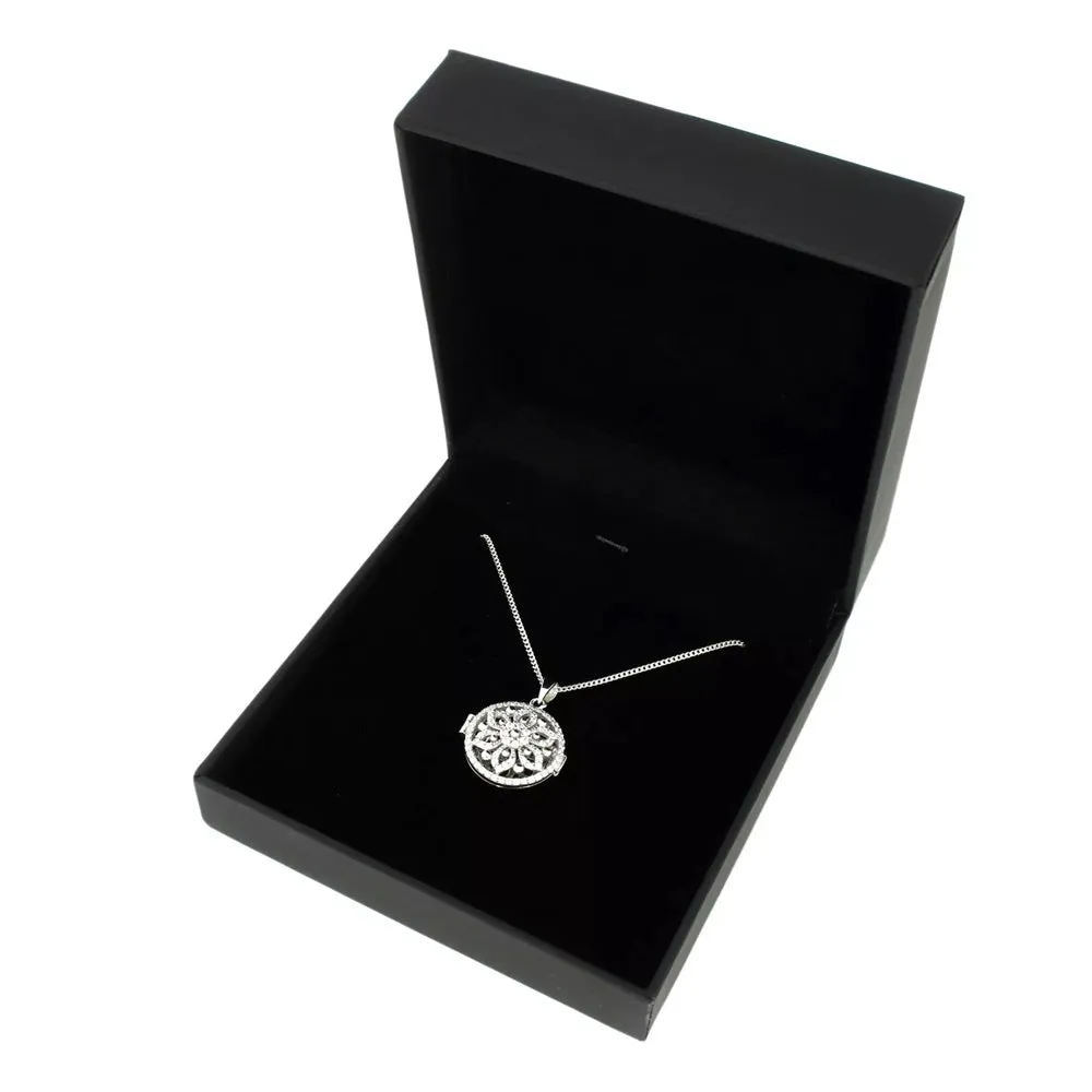 Sterling Silver Cubic Zirconia Round Flower Design Locket and Chain