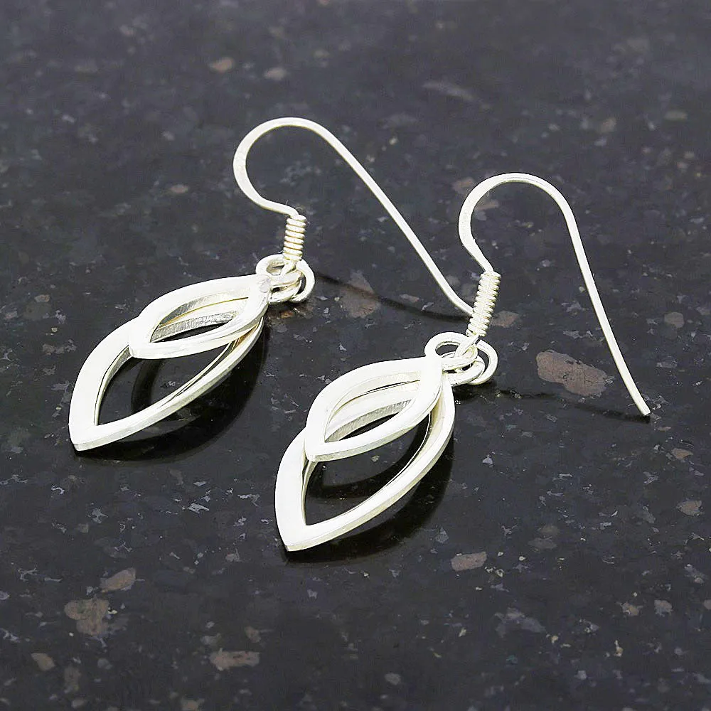Sterling Silver Double Marquise Design Drop Earrings