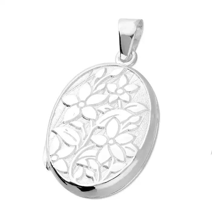 Sterling Silver Flowers Oval Locket and Chain