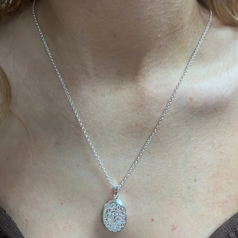 Sterling Silver Flowers Oval Locket and Chain