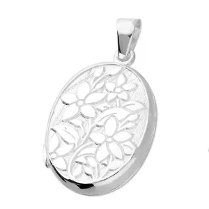 Sterling Silver Flowers Oval Locket and Chain