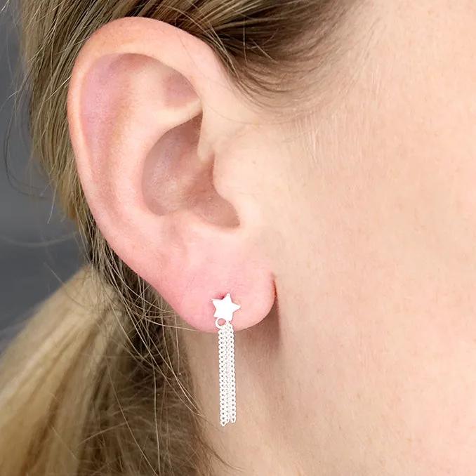 Sterling Silver Ladies Star Stud Tassel Drop Earrings