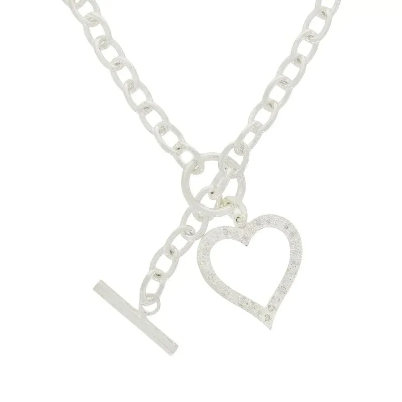 Sterling Silver Ladies T-Bar and Crystal Set Heart Link Necklace