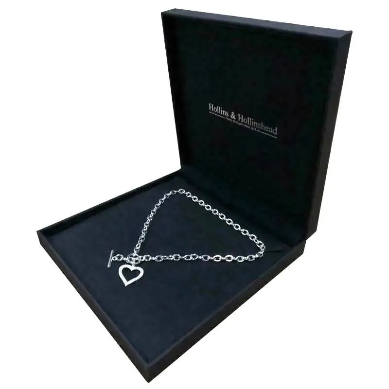 Sterling Silver Ladies T-Bar and Crystal Set Heart Link Necklace