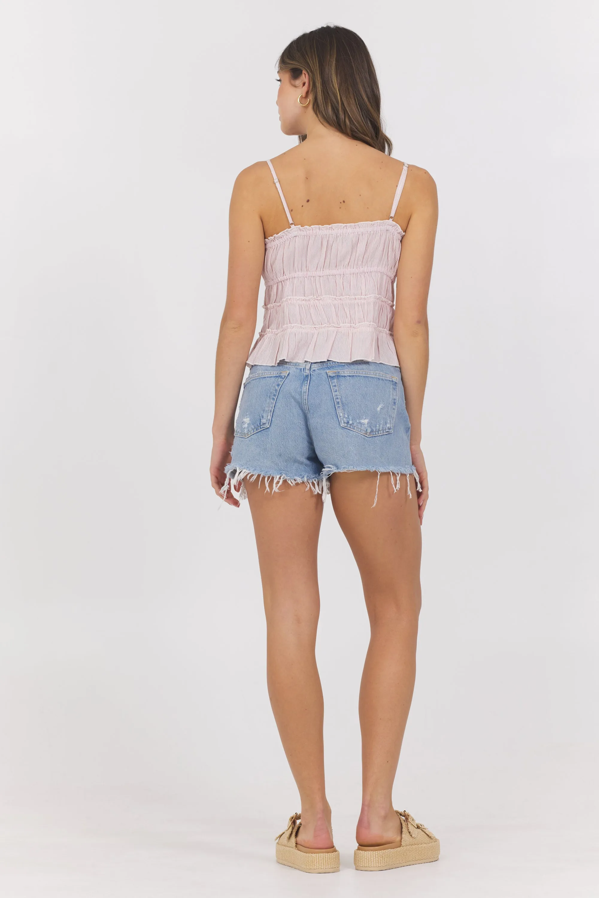 Strawberry Pinstripe Woven Ruffle Top