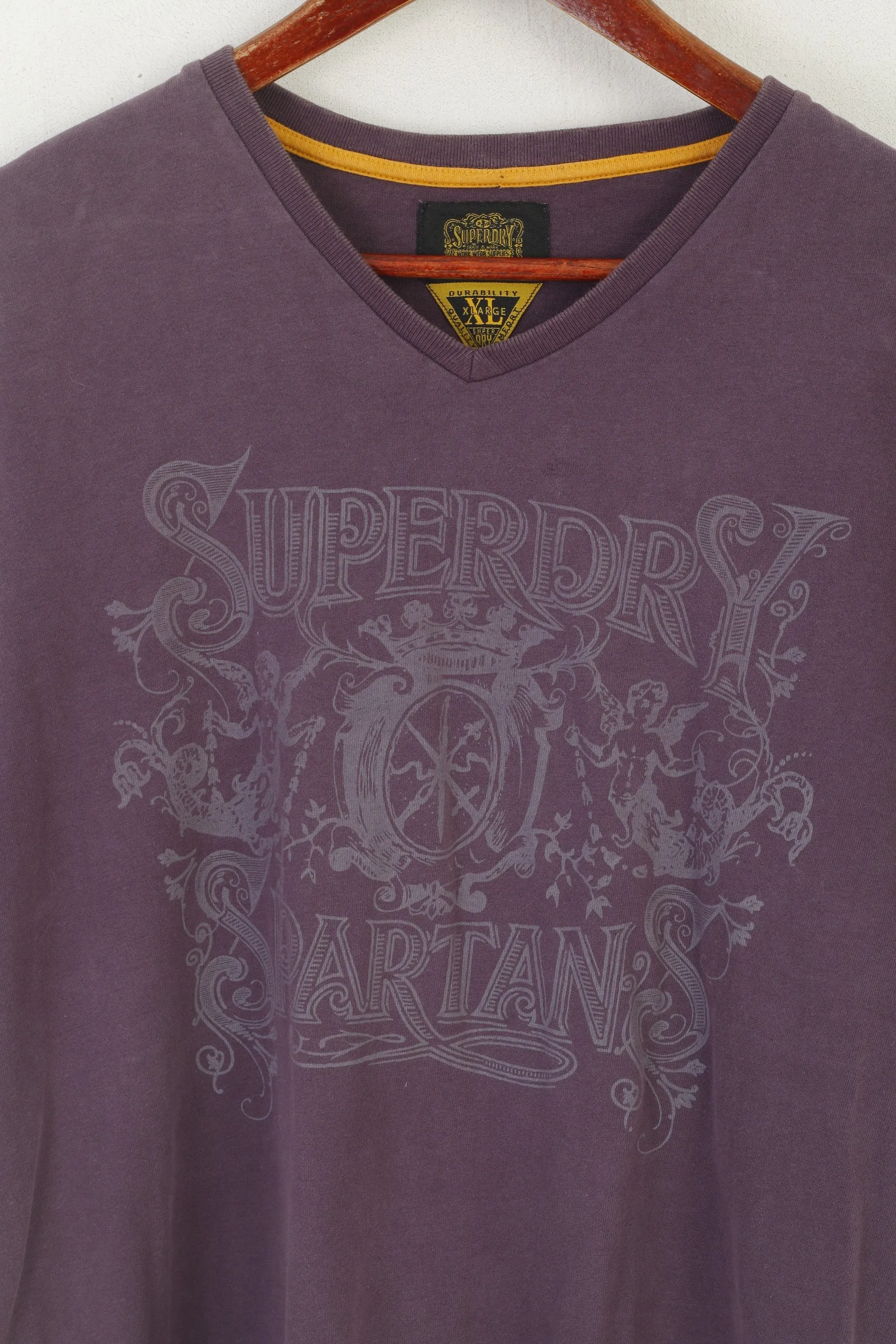 Superdry Men XL (L) Shirt Purple Faded Cotton Graphic Spartan V Neck Top