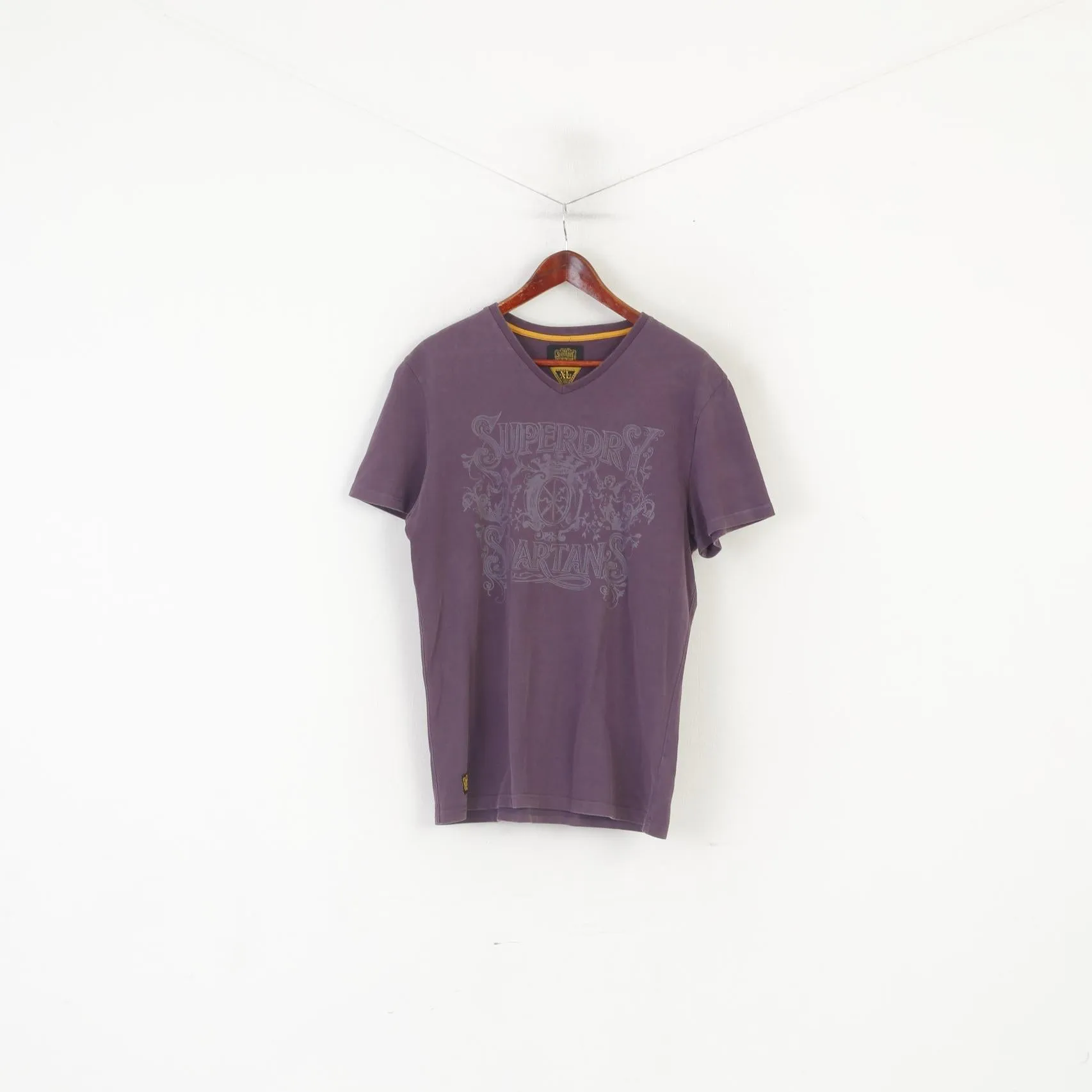 Superdry Men XL (L) Shirt Purple Faded Cotton Graphic Spartan V Neck Top