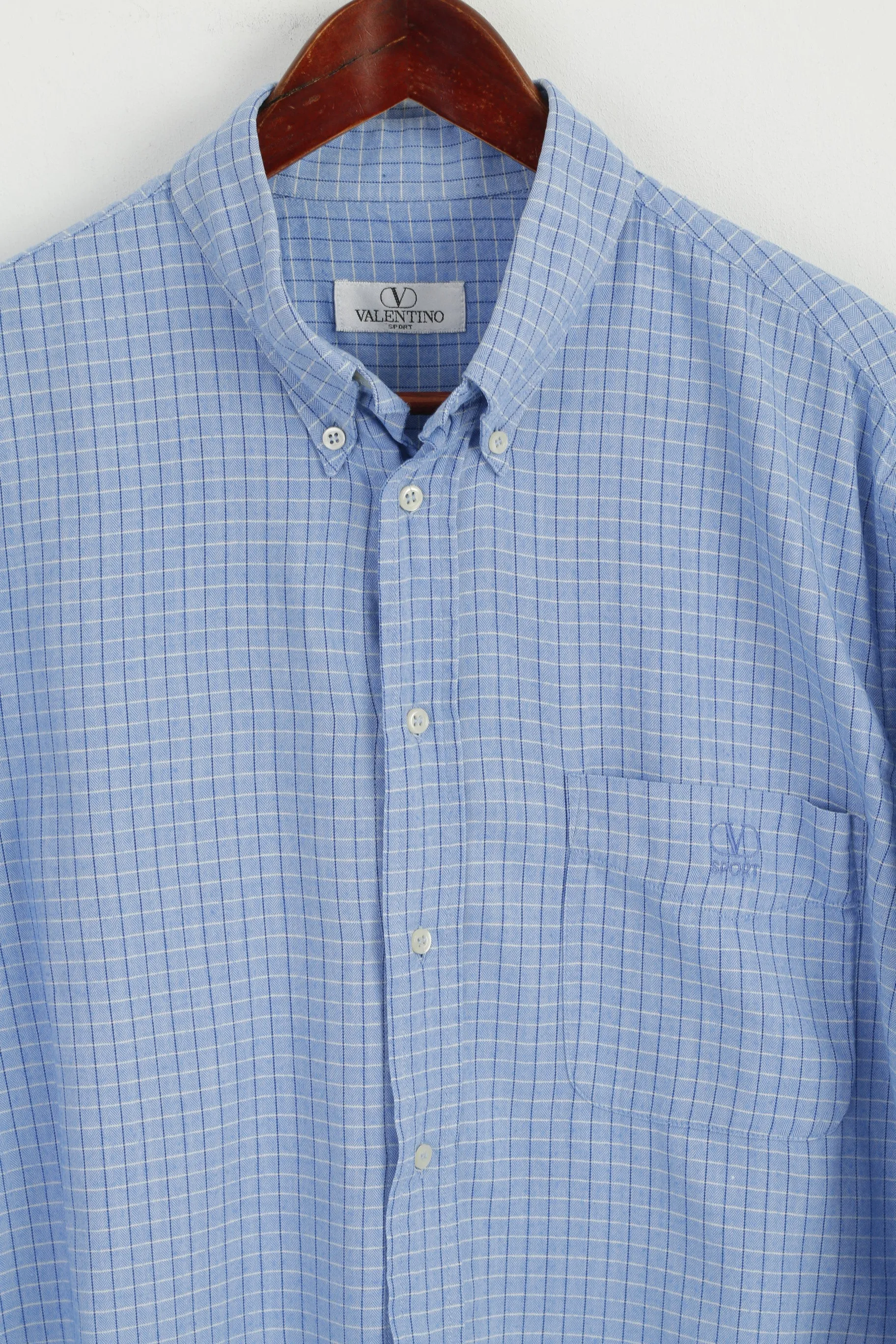 Valentino Sport Men L Casual Shirt Blue Check Cotton Long Sleeve Italy Top