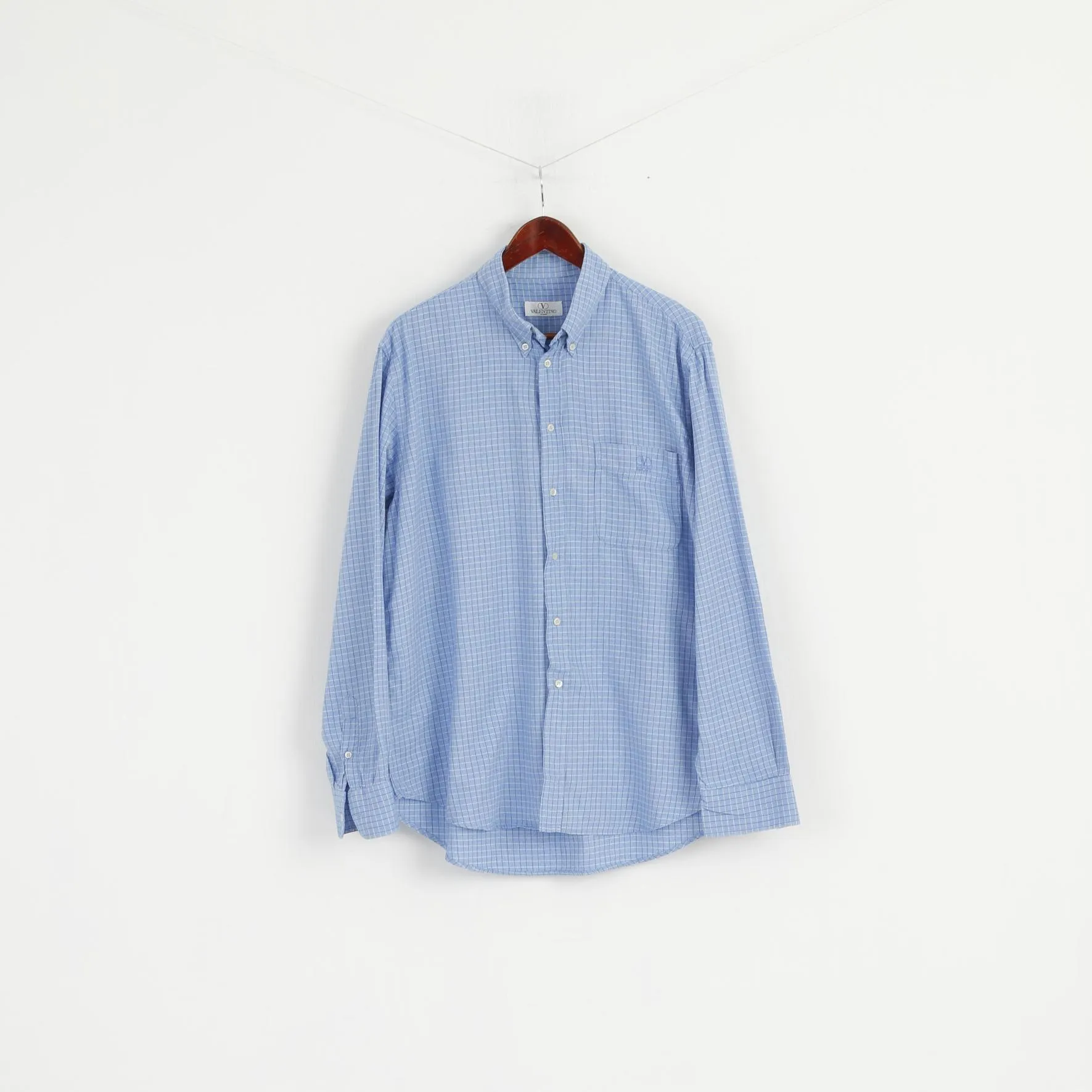 Valentino Sport Men L Casual Shirt Blue Check Cotton Long Sleeve Italy Top