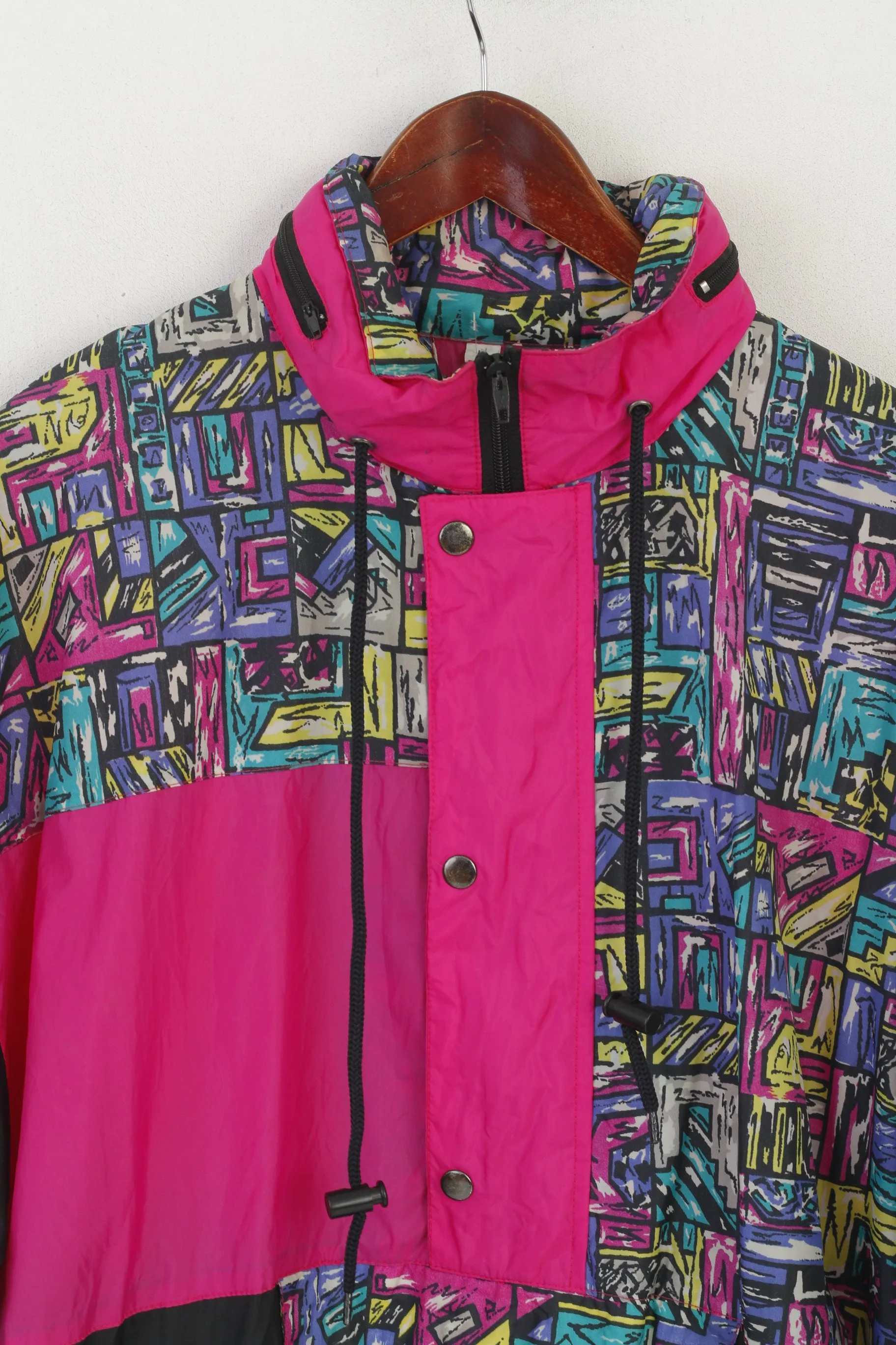 Vintage Men L Pullover Jacket Black Pink Vintage Nylon Waterproof Hidden Hood