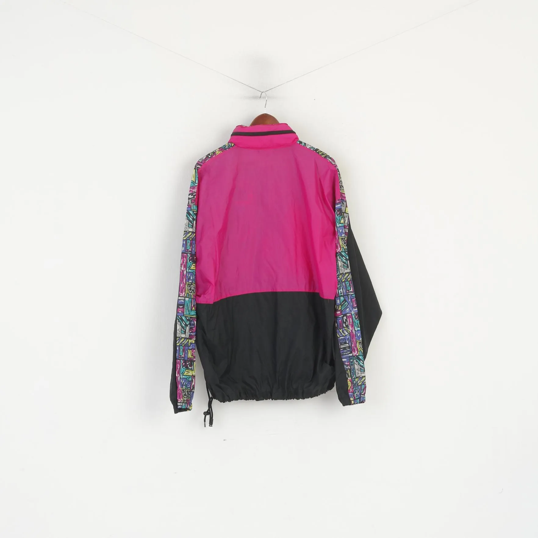 Vintage Men L Pullover Jacket Black Pink Vintage Nylon Waterproof Hidden Hood
