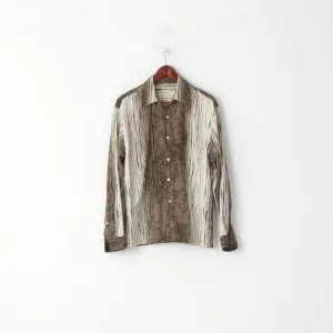 Vintage Men M Casual Shirt Brown Printed Crinkled Shiny Long Sleeve Top