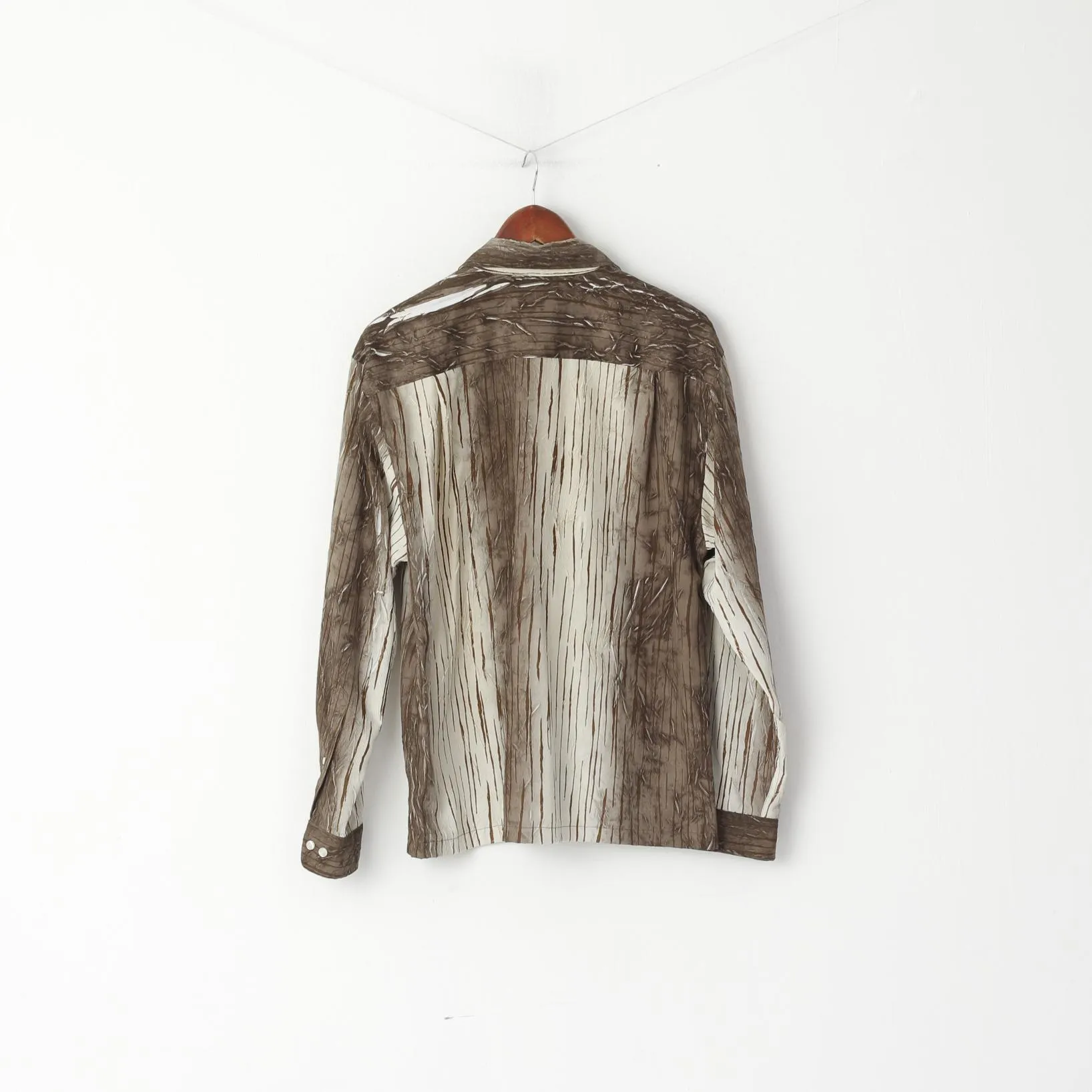 Vintage Men M Casual Shirt Brown Printed Crinkled Shiny Long Sleeve Top
