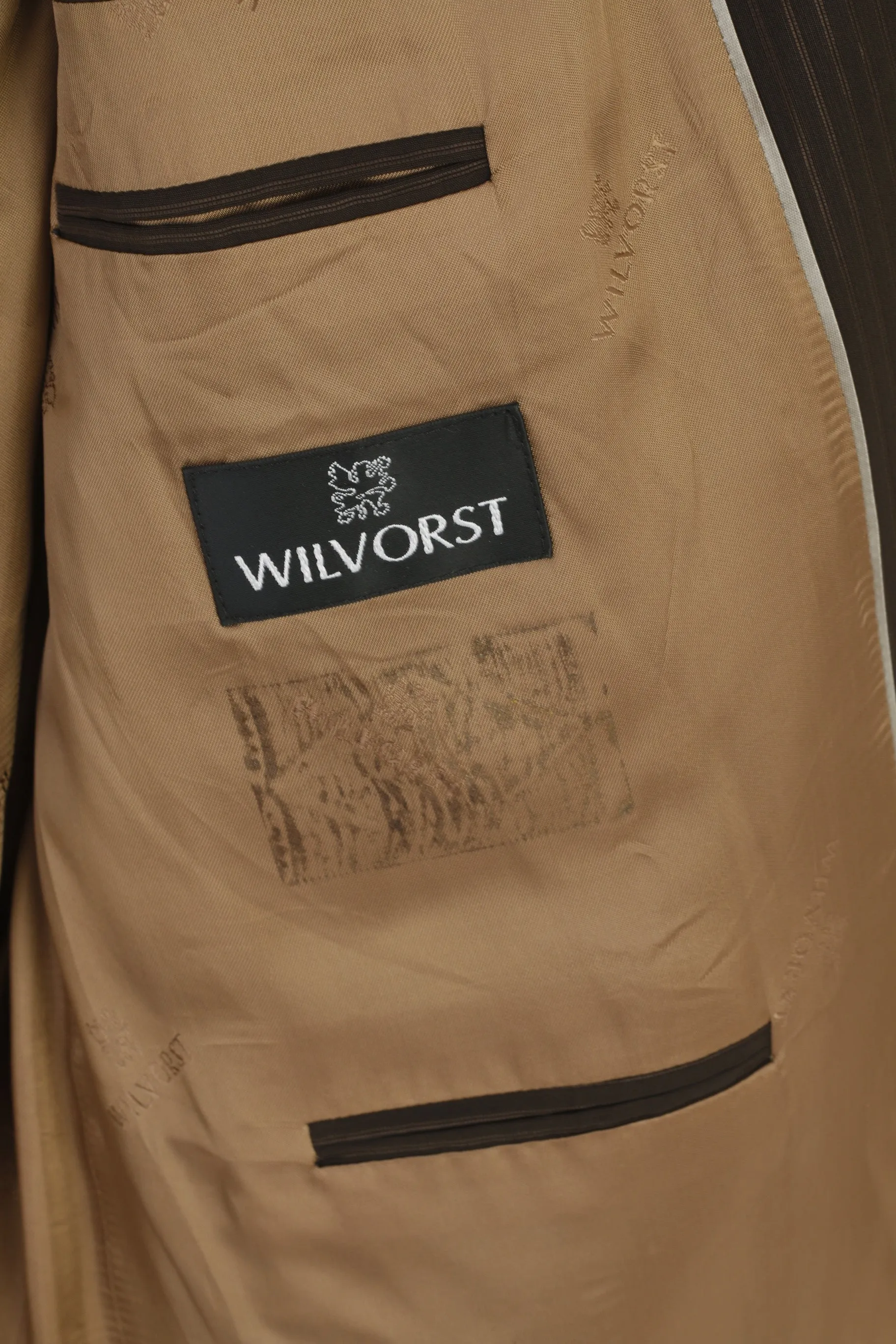 Wilvorst Men 56 46 Blazer Brown Wool Striped Shiny Long Single Breasted Jacket